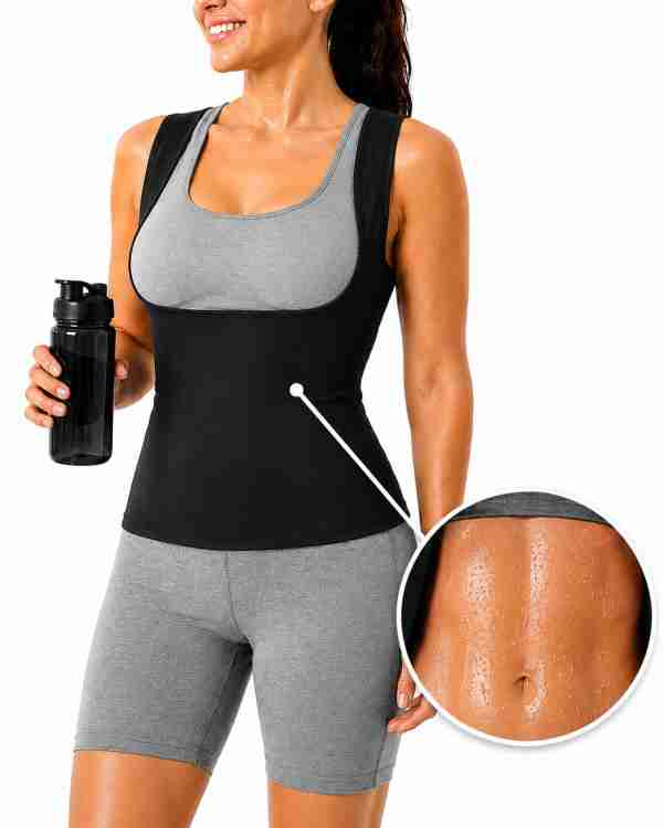 Chaleco reductor para mujer en negro, puesto sobre un top deportivo, con detalle del abdomen