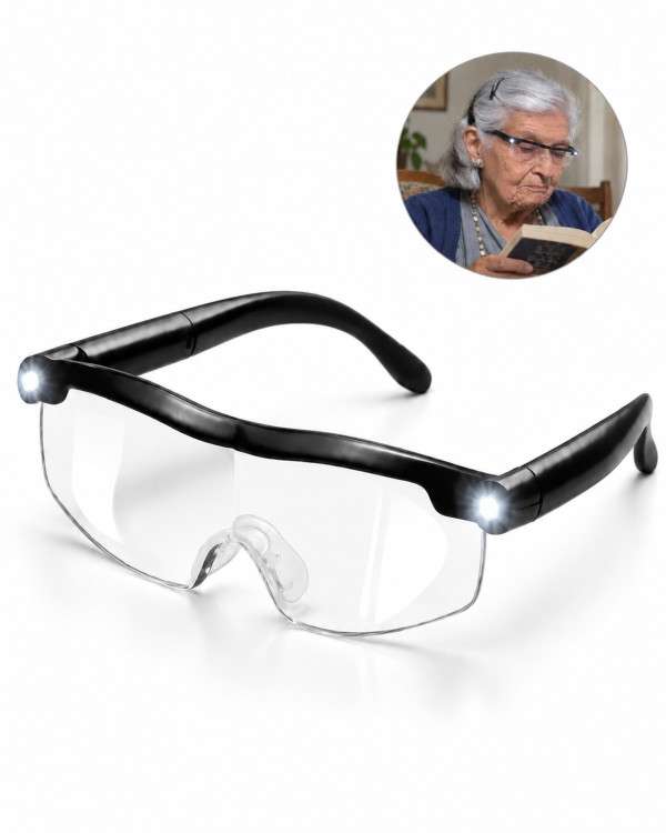 Gafas lupa con luz LED, negras con lentes transparentes, y una señora leyendo con ellas puestas